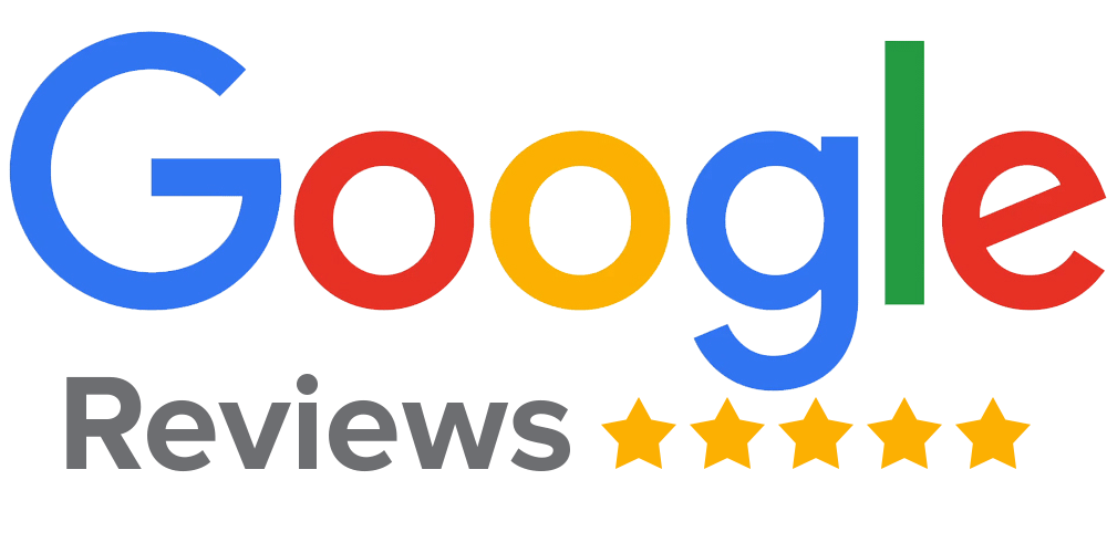Google logo in its traditional colors with five golden stars below, indicating a high rating.