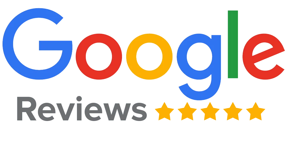 Google logo in its traditional colors with five golden stars below, indicating a high rating.