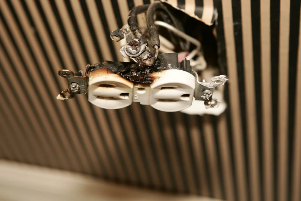 A damaged and burnt electrical outlet with signs of a short circuit.